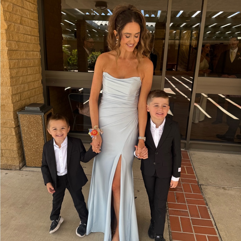 Blue Strapless Ruched Gown with Slit